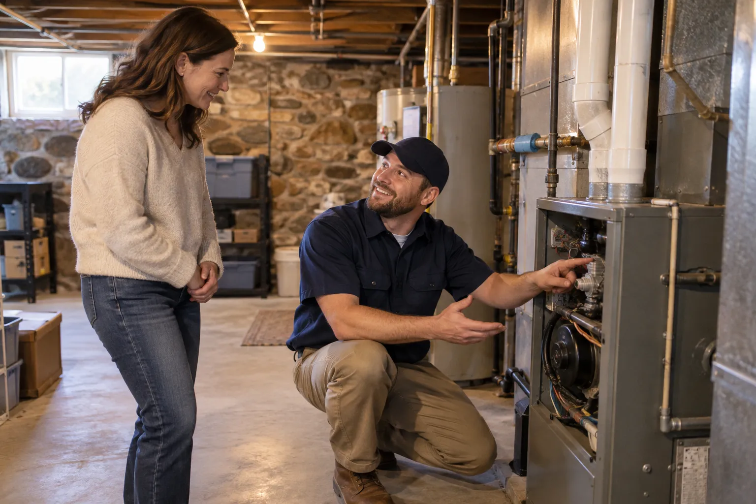 A provider checking a furnace in a basement of an older home in the Albany area